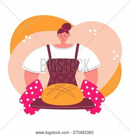 Woman Baking Bread At Home. Young Woman And Freshly Baked Loaf Of Bread. Cartoon Character In Modern