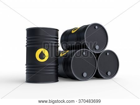 Black barrels of oil on a white background. 3D rendering illustration
