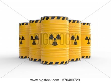 Radioactive waste yellow barrels with radioactive symbol, isolated on white background. Nuclear waste in barrels. 3d rendering illustration