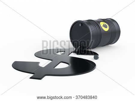 Barrel of oil spilling dollar sign on a white background. Black barrel from which oil spills. Oil prices inflation. 3D rendering illustration