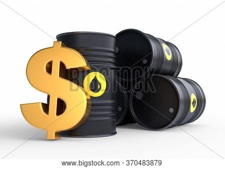 Barrel of oil and golden dollar sign on a white background. Oil prices inflation. 3D rendering illustration;