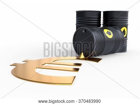 Barrel of oil spilling golden euro sign on a white background. Black barrel from which oil spills. Oil prices inflation. 3D rendering illustration