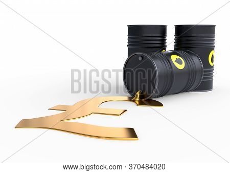 Barrel of oil spilling golden pound sign on a white background. Black barrel from which oil spills. Oil prices inflation. 3D rendering illustration