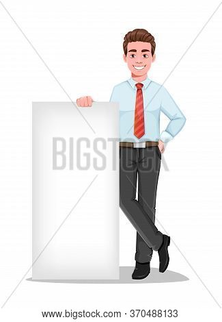 Successful Business Man Standing Near Blank Banner. Handsome Businessman In Business Clothes. Cheerf