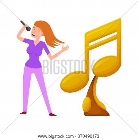 Music Trophy Vector, Gold Award For Best Song, Canto Of Contestant. Woman With Microphone Champion O