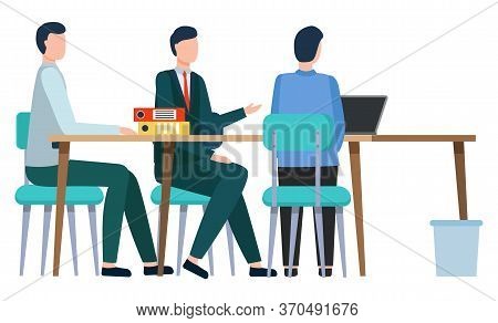 Workers Business Collaboration With China. Colleagues Characters Sitting At Desktop With Laptop Wire