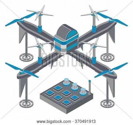 Drone With Remote Controller, Wireless Device With Propellers, Quadcopter Symbol, Aircraft With Remo