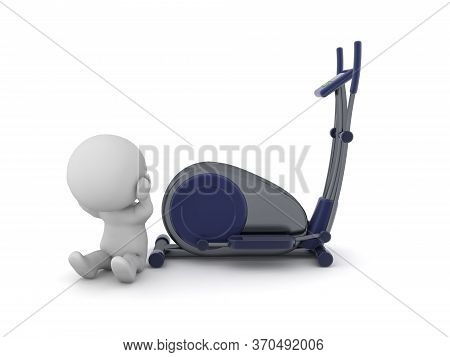 3D Character Stressed Next To Eliptical Bycicle
