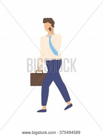 Man Speaking On Telephone, Isolated Person In Tie With Briefcase. Vector Cartoon Male With Smartphon