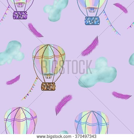 Multicolored Hot Air Balloons Flying Across Clouds And Pink Feathers On Pink Background. Seamless Pa