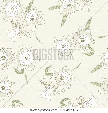 Vector Daffodil Flowers In Green White Beige Scattered On Beige Background Seamless Repeat Pattern. 