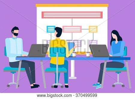 Workers Characters Presenting Board With Scheme, Colleagues Brainstorming. Vector People Cooperating