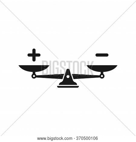 Black Mechanical Scales With Plus And Minus In Pans. Value, Solution And Rationality Balance.