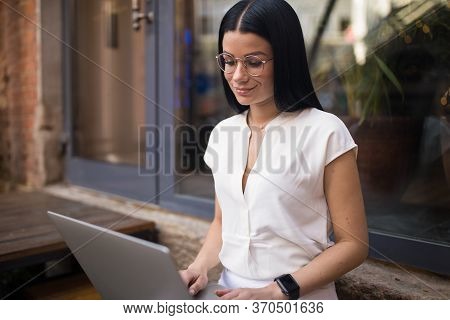 Attractive Woman In Stylish Glasses Professional Advertiser Publication Article In Social Network Vi