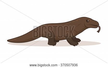 Cartoon Komodo Dragon With Outline. Flat Vector Illustration, Isolated On White Background.
