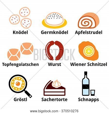 Austrian Food, Austrian Cuisine - Traditional Meals An Drink Vector Icon Set