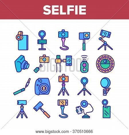 Selfie Photo Camera Collection Icons Set Vector. Selfie Stick And Tripod, Lens And Light Equipment, 