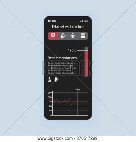 Diabetes Tracking Smartphone Interface Vector Template. Mobile App Page Black Theme Design Layout. B