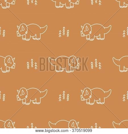Seamless Background Triceratops Dinosaur With Plant Gender Neutral Baby Pattern. Simple Whimsical Mi