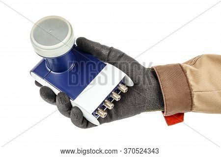 Satellite Dish Lnb In Man Hand In Black Protective Glove And Brown Uniform Isolated On White Backgro