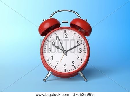 Red vintage alarm clock on bright blue background in pastel colors. Minimal creative concept. Front side. 3d rendering illustration