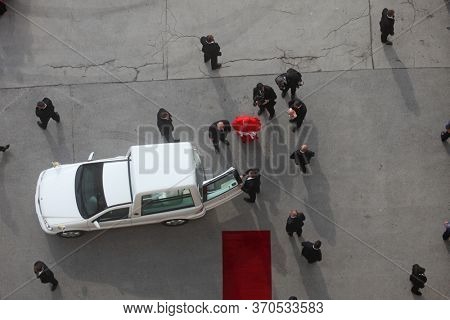 ZAGREB, CROATIA - JULY 13, 2011: Cardinal Josip Bozanic welcomes Pope Benedict in front of the Zagreb Cathedral