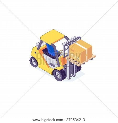 Isometric Warehouse Forklift Pallet Box And Machine. Truck Delivery And Transportaion Industry Vecto