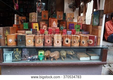 Colorful Handmade Leather Notebook, Books And Agendas Outside At A Shop Front For Sale. Souvenir Sho