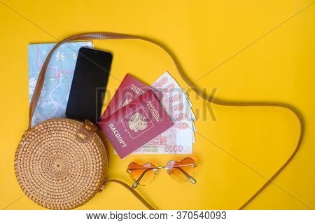 Rattan Bag, Passports, Phone, Money, Card, Sunglasses, Things For Vacation