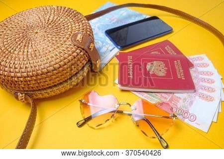 Rattan Bag, Passports, Phone, Money, Card, Sunglasses, Things For Vacation