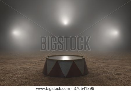 An Empty Circus Ringmasters Podium Backlit By Dramatic Spot Lights On A Dark Moody Background - 3d R