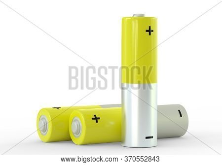 Two yellow AA size batteries isolated on white background close up, carbon zinc batteries, rechargeable batteries, mockup. 3D rendering illustration