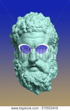 Collage With Plaster Antique Sculpture Of Human Face In A Pop Art Style. Creative Concept Colorful N