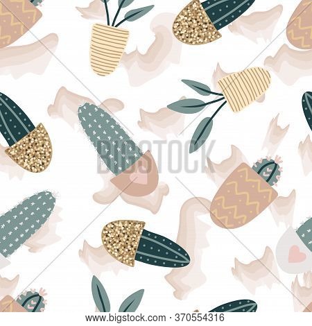 Seamless Pattern With Decorative Houseplants. Trendy Plants Growing In Pots. Set Of Beautiful Natura