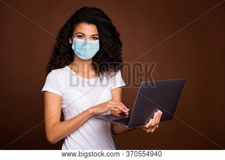 Portrait Of Her She Attractive Skilled Wavy-haired Girl Wearing Gauze Safety Mask Using Laptop Anti 
