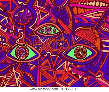 Trippy Psychedelic Shamanic Bright Eyes Crazy Patterns. Fantastic Art With Decorative Eyes