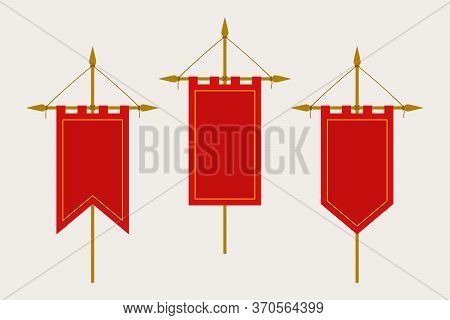 Medieval Pennant Hanging On Flagpole. Set Of Blank Flags. Red Template Banner And Poster Vector