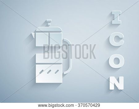 Paper Cut French Press Icon Isolated On Grey Background. Paper Art Style. Vector Illustration