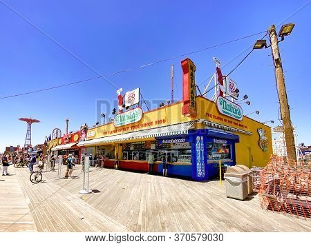 New York City - May 30, 2020: Nathan's Restaurant On The Coney Island Boardwalk With Social Distanci