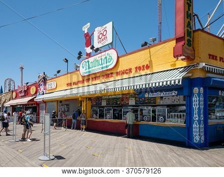 New York City - May 30, 2020: Nathan's Restaurant On The Coney Island Boardwalk With Social Distanci