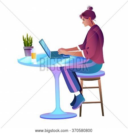 Remote Work Concept With Young Successful Female Character Working At Her Home With Laptop. Vector F