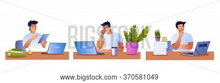 Stock Set Of Freelance Concepts With Young Male Characters Working At Home During Quarantine. Vector