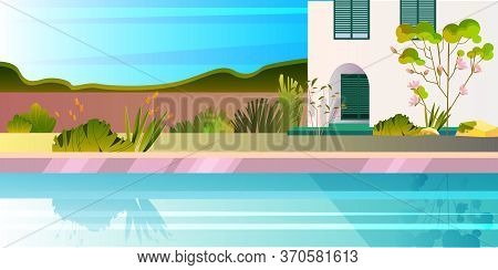 Horizontal Summer View With House, Pool, Plants, Blooming Tree. Panoramic Banner With Luxury Villa, 