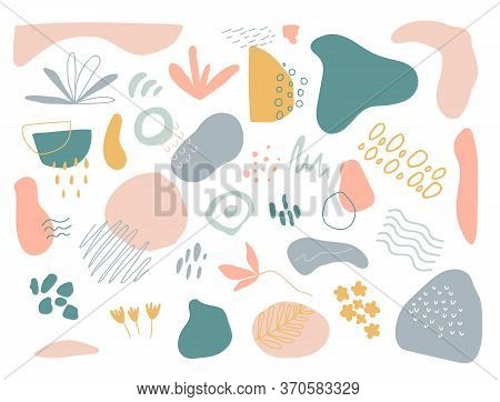 Organic Shapes Set On White Background. Hand Draw Abstract Design Elements In Pastel Colors. Minimal
