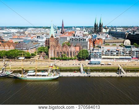 Ships At The Weser River In Bremen City, Germany
