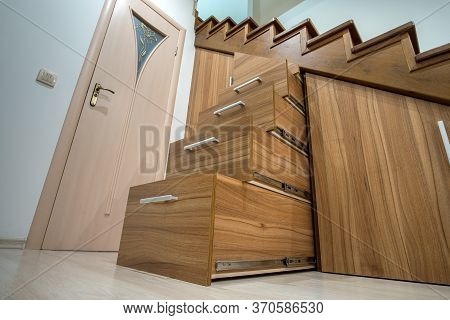 Modern Architecture Interior With Luxury Hallway With Glossy Wooden Stairs In Multi-storey House. Cu
