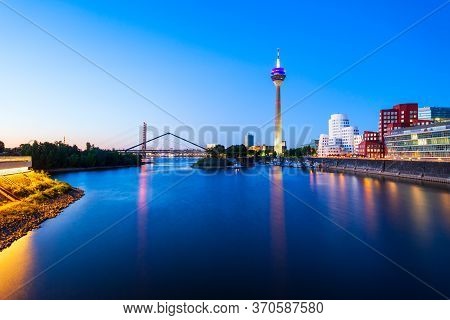 Rheinturm And Media Harbour District In Dusseldorf City In Germany