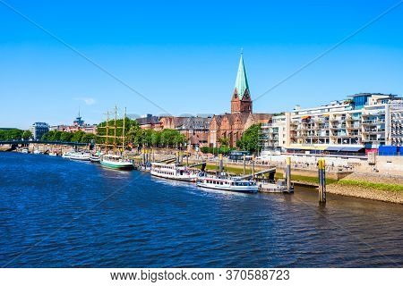 Ships At The Weser River In Bremen City, Germany