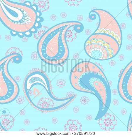 Pink And Blue Leaf Turkish Vector Seamless Pattern. Elegant Floral Wallpaper. Paisley Traditional De