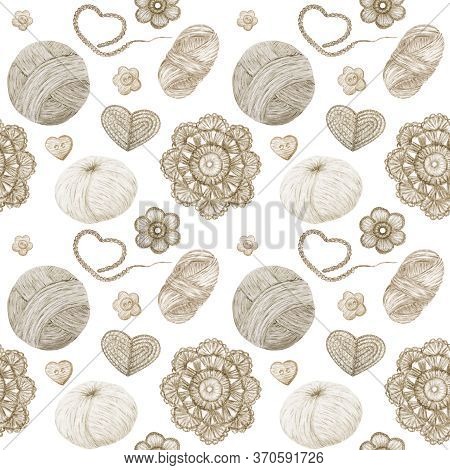 Watercolor Seamless Pattern Hobby Crochet Heart, Bow, Flower, Hook, Buttons On White Background. Sca